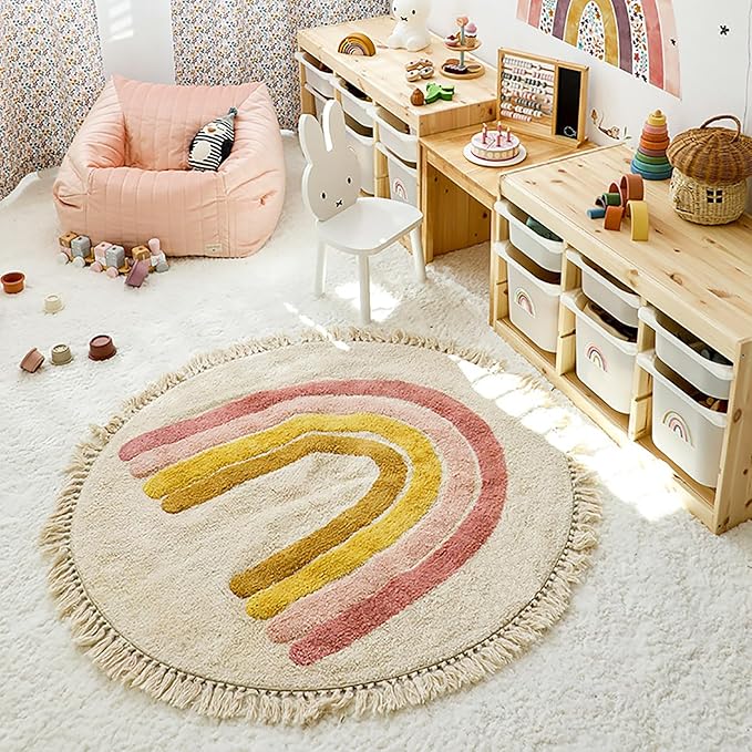 Rainbow Tassels Soft Area Rug for Girls Kids Room Washable Artificial Wool Bedroom Living Room, Kid Round Carpet Rainbow Pattern, Non-Slip Indoor Floor Carpet Home Decor, 5 Feet