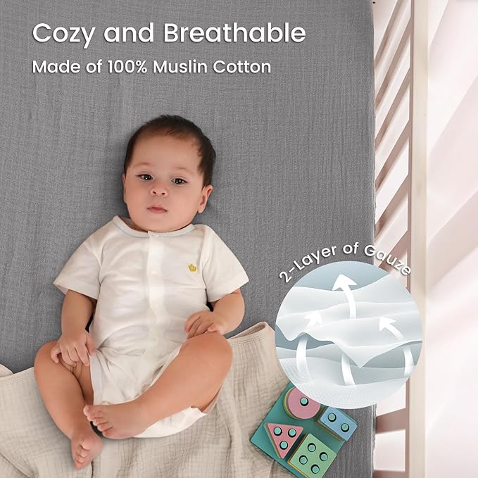 david's kids Muslin Mini Crib Sheets, 2 Pack Cotton Pack N Play Sheets for Boys Girls Neutral, Soft Breathable Baby Sheets Fit Pack N Play, Playard and Mini Crib Mattresses, Beige & Grey