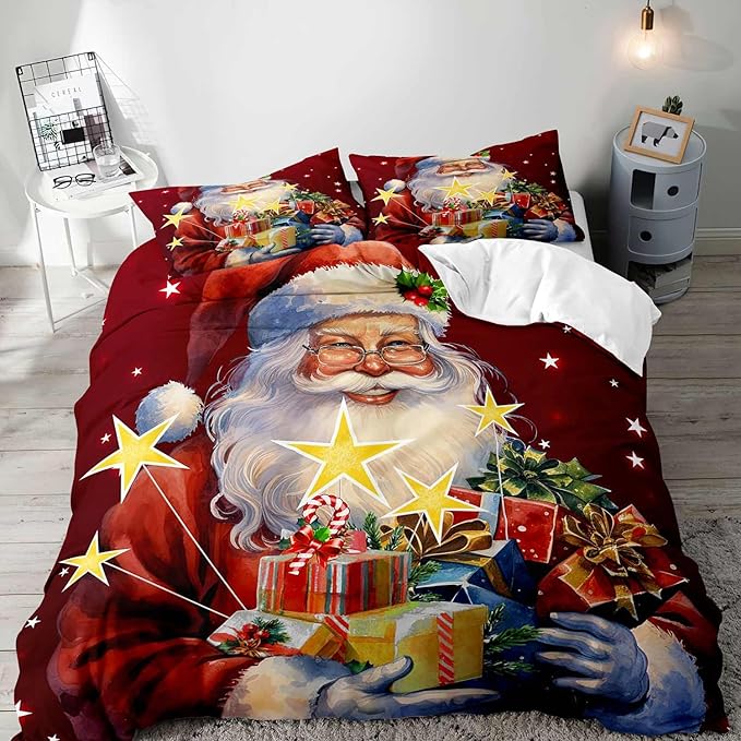 LUVIVIHOME 3PCS Christmas Santa Duvet Cover King Bedding Set, Boys Girls Kids Bedding, Winter Holiday New Year Xmas Gifts Red Christmas Comforter Bedspread Quilt Cover, Bed in a Bag, 2 Pillow Shams
