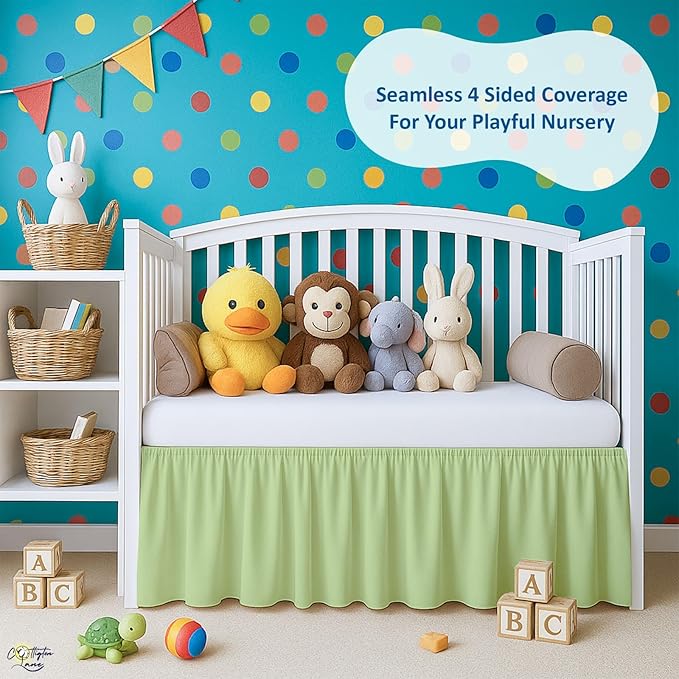 Cottington Lane Sage Infrant Crib Bed Skirt Dust Ruffle with Split Corner, 100% Natural Cotton Nursery Crib Toddler Bedding Skirt for Baby Girls or Boy, Fits Standard Cribs 28" x 52" with 14" Drop