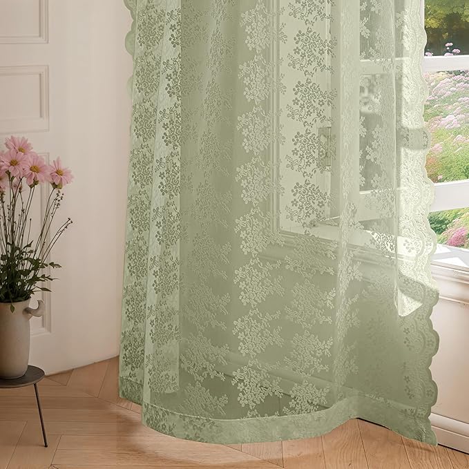 Anmao Vintage Lace Curtains 63 Inches Long 2 Panels Set, Romantic Elegant Light Filtering Semi Sheer Floral Thick Lacy Curtain Drapes for Living Room and Bedroom, Each Panel 55W x 63L, Dry Grass Green