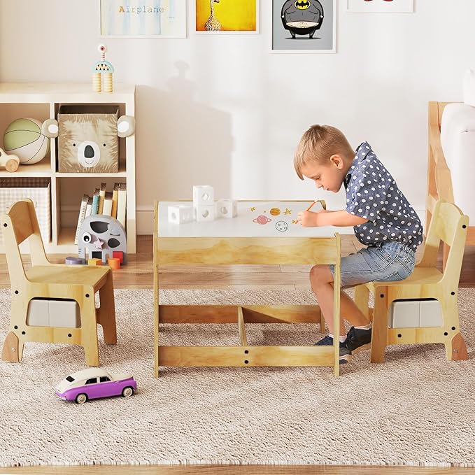 Costzon Kids Table and Chairs, 3 in 1 Wooden Activity Desk Set w/Double-Sided Tabletop, Storage Drawers and Reinforced Design for Drawing, Reading & Playing, Toddler Table and Chair Set (Beige)