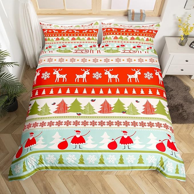 Manfei Xmas Duvet Cover Set Queen Size, Deer Snowflake Trees Santa Claus Comforter Cover with 2 Pillowcases, Christmas Theme Bedding Set 3pcs for Kids Boy Girls New Year Bedspread Cover,No Comforter