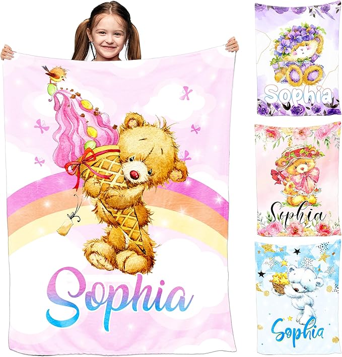 Ship Next Day, Personalized Baby Blanket for Girls Boys on Christmas Birthday, Cute Pink Bear Blankets- Printed in USA, Custom Toddlers Blanket with Name for Baby Shower Kids Teens Toddlers Newborn