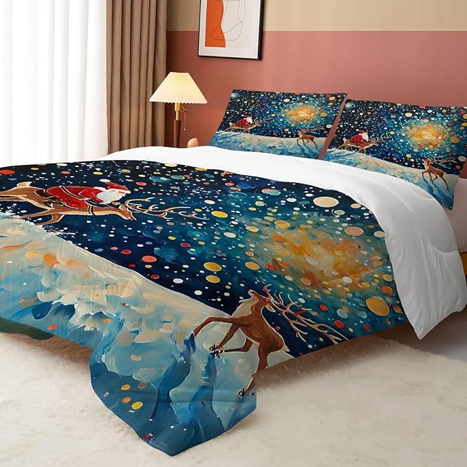 Christmas Comforter Set Full: Galaxy Bedding Sets Blue Festival Santa Claus Deer Quilt Set for Girls Kids Teens Bedroom 1 Comforter & 2 Pillowcases