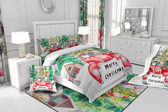 Christmas Tree Comforter Set Twin Size,Red Truck Gnome Bedding Set for Kids Boys Girls Room Decor,Merry Christmas Polka Dot Cartoon Quilt Set 2Pcs,Xmas Rustic Cabin Duvet Insert,1 Pillowcase