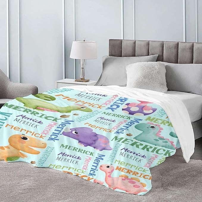 Dinosaur Lover Personalized Blanket with Custom Baby Dinosaur Custom Name Flannel Blanket Soft Throw Meaningful Gift for Toddlers Girls Boys Kids Pets 120 * 90" XL for Family
