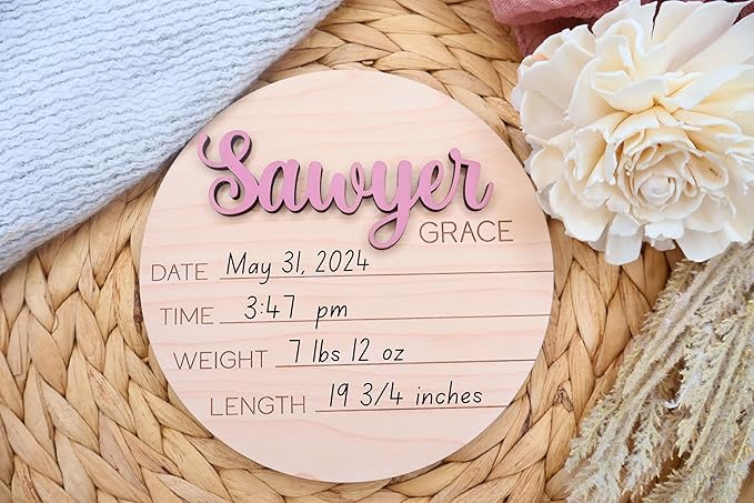 Custom Baby Name Announcement Disc, Wooden Hospital Photo Prop, 30 Colors & Multiple Font Options, Personalized Welcome New Baby Name Sign, 4-8 Inches