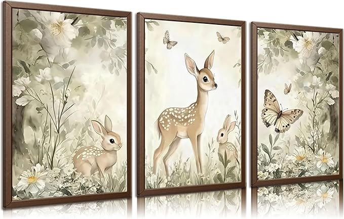 3Pcs Woodland Animal Nursery Canvas Wall Art Cute Forest Animal Wall Decor Pictures Deer and Butterfly Wildflowers Posters Prints for Nursery Bedroom Kids Room Home Decoration Unframed Posters 12X16in