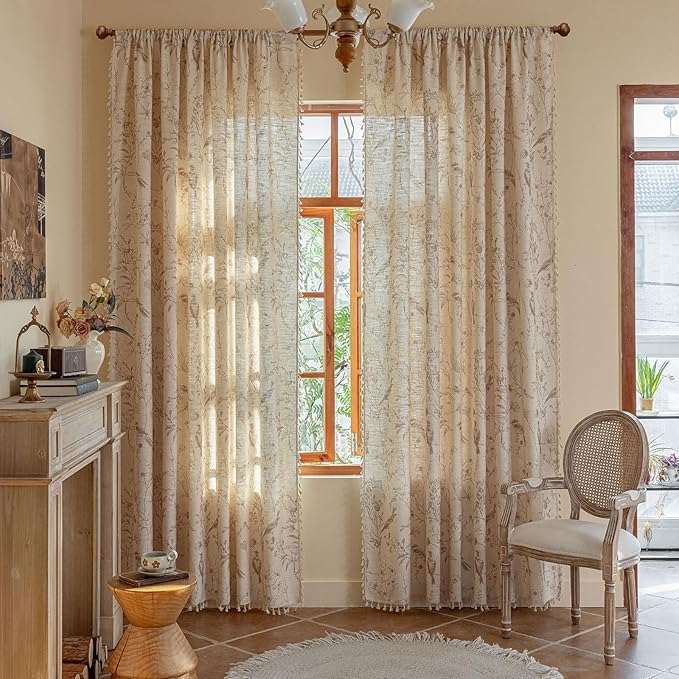 ENJOYBRIDAL Floral Curtains 84 Inches Long Farmhouse Semi Sheer Drapes Bird Patterned Rod Pocket 2 Panel Sets Boho Window Curtains Bedroom Living Room Botanical Aesthetic Decor Tassel Window Treatment