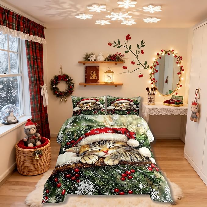 Xmas Cat Kids Comforter Set Full Size,Snowflake Holly Berry Winter Bedding Set,Girls Boys Room Decor,Christmas Poinsettia Animal Quilt Comforter,Green Yellow Duvet Set Bedroom Quilt Set,2 Pillowcases