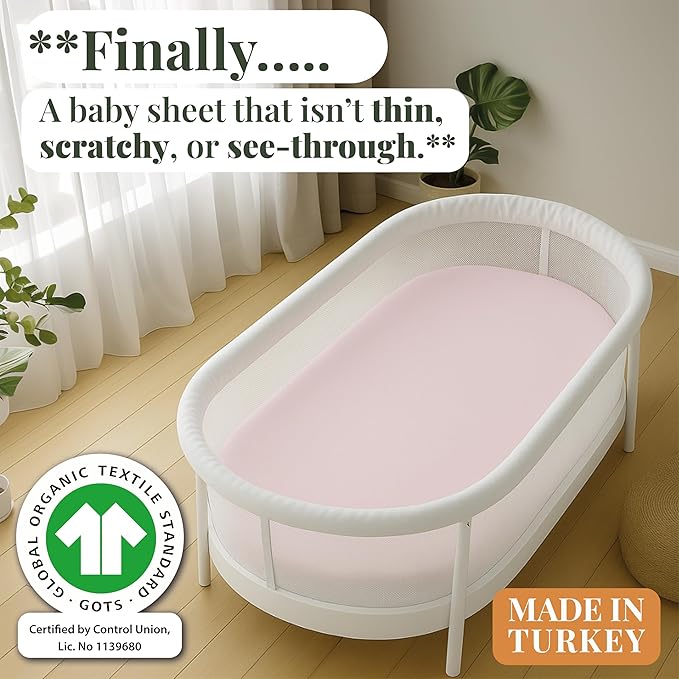 GOTS 100% Organic Bassinet Sheets - Luxurious Turkish Cotton for Halo, SNOO, Dream on Me Karley & Lacy, Delta Children and Simmons Kids City Sleeper Oval or Rectangle Bassinet Bed Pads or Mattresses