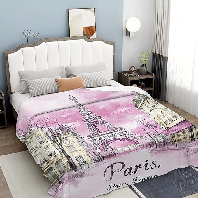 Tijuboni Paris Eiffel Tower Throw Blanket Pink Paris Gifts for Girls Women Boys Men Adults Kids Soft Flannel Fleece Blanket for Couch Sofa Bed Home Decor 60"x80"