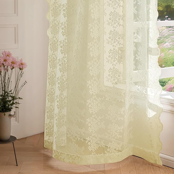 Anmao Vintage Lace Curtains 63 Inches Long 2 Panels Set, Romantic Elegant Light Filtering Semi Sheer Floral Thick Lacy Curtain Drapes for Living Room and Bedroom, Each Panel 55W x 63L, Cream Yellow