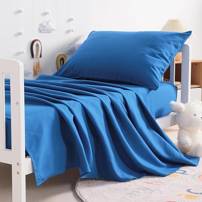 NTBAY Toddler Sheet Set - 3-Piece Microfiber Crib Sheet Set - Flat Sheet, Fitted Sheet, Pillowcase - Solid Toddler Bedding, Royal Blue