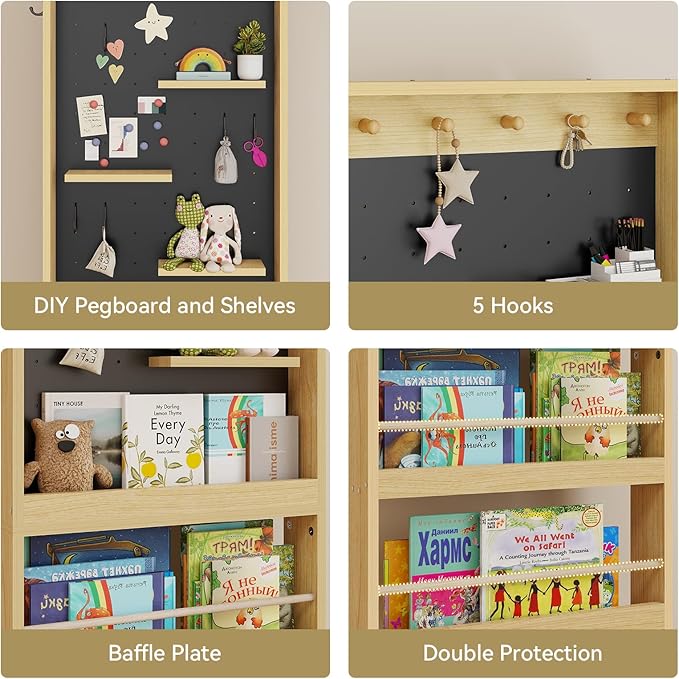 ELECWISH Kids Bookshelf, Behind The Door 70" Tall Bookcase with Open Display Shelves, Wall Mounted Space-Saving Narrow Book Shelf with Pegboard for Children's Study Living Room, Nursery