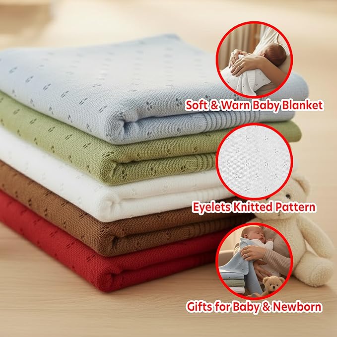 Baby Knit Blanket, 100% Cotton Eyelet Patterns, Soft, Cozy, Lightweight Swaddle for Newborn & Infant Swaddling Beige Neutral, Perfect Baby Shower Ideas White 30x30