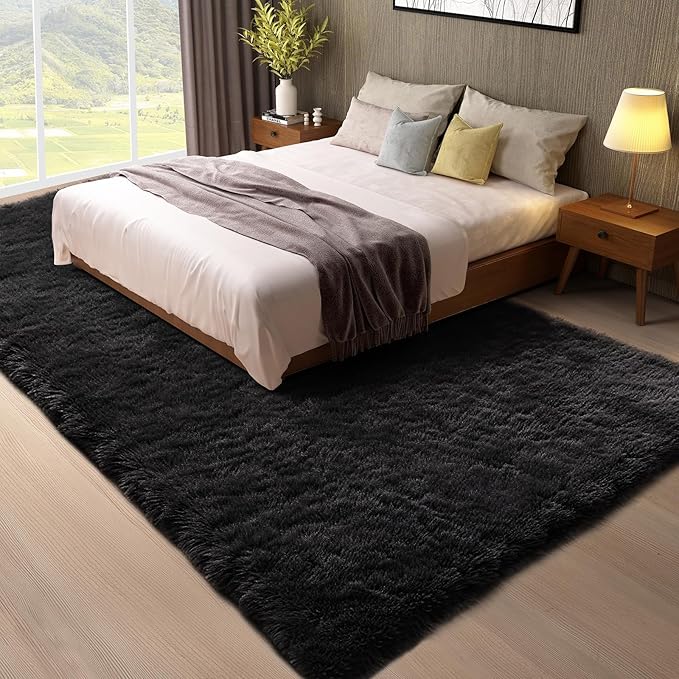 Ophanie 8x10 Black Area Rugs for Living Room, Large Shag Bedroom Carpet, Big Indoor Thick Soft Shaggy Nursery Rug, Fluffy Carpets for Boy and Girls Room Dorm Home Decor Aesthetic