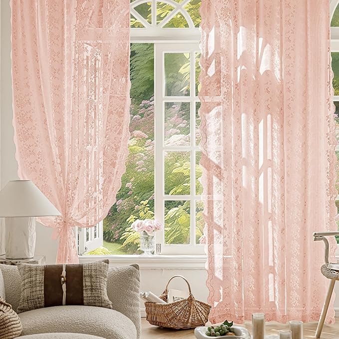 Anmao Vintage Lace Curtains 72 Inches Long 2 Panels Set, Romantic Elegant Light Filtering Semi Sheer Floral Thick Lacy Curtain Drapes for Living Room and Bedroom, Each Panel 55W x 72L, Blush Pink