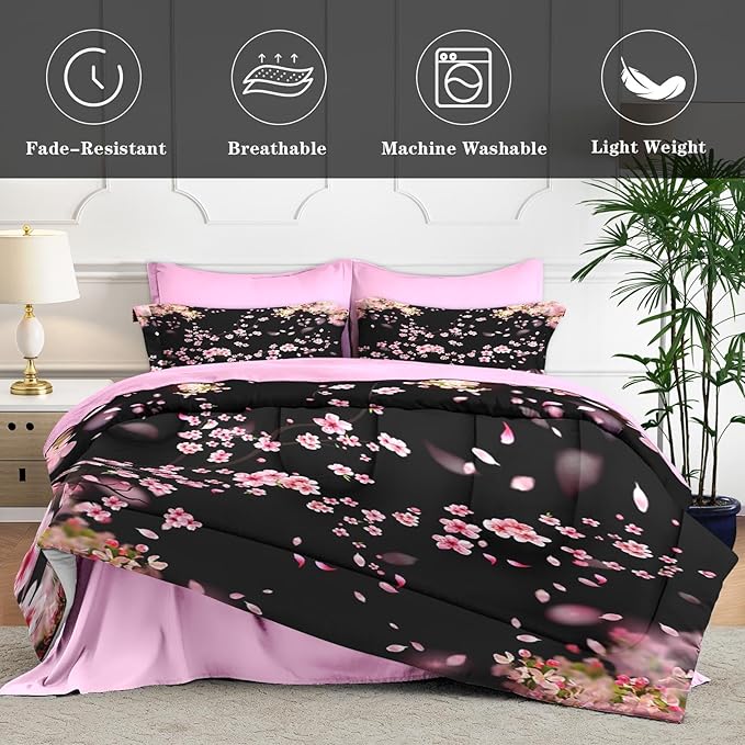5 Pcs Twin Size Comforter Set with Pillowcase & Sham, Tree Flower Floral Bedding for Kids and Adults, Pink Cherry Blossom Bed in a Bag with Flat Fitted Sheet
