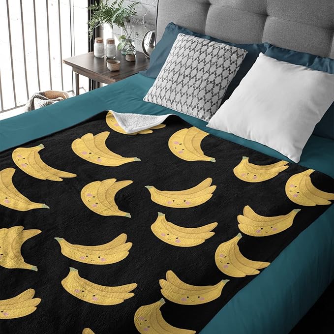 Thuswarm Cute Banana Kawaii Black Flannel Throw Blanket Warm Cozy Soft Funny Print Blankets for Bed Couch Sofa Room Decoration Gifts 60”×50” Medium for Teen