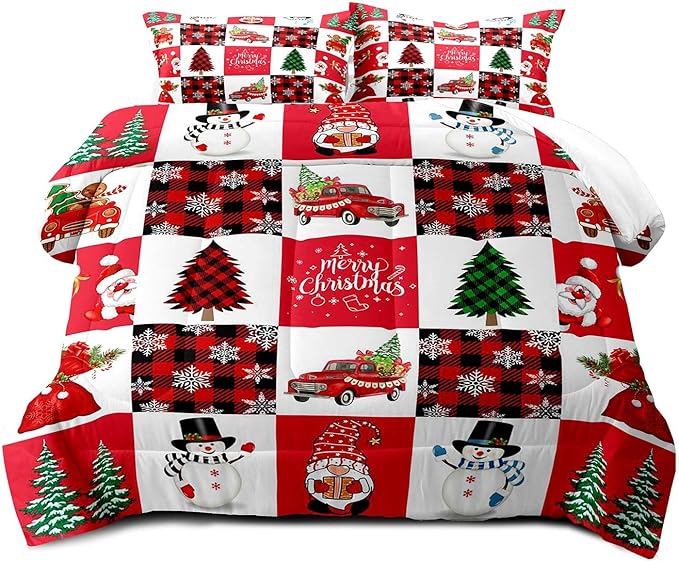 LUVIVIHOME 2PCS Merry Christmas Comforter Set Twin Size, Cartoon Cute Funny Santa Claus Snowman Gnome Truck White Red Black Plaid Bedding, Snowflake Xmas Tree Christmas Bedroom Decor, 1 Pillow Sham