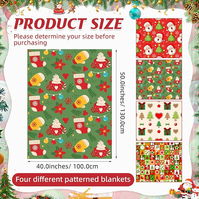 Buryeah 4 Pack Christmas Throw Blankets Bulk Snowmen, Hearts, Santa, Snowflakes, Xmas Tree Soft Cozy Christmas Plush Flannel Blanket for Sofa, Bed, Couch, Home Decor Xmas Supplies, 40 x 50 Inches