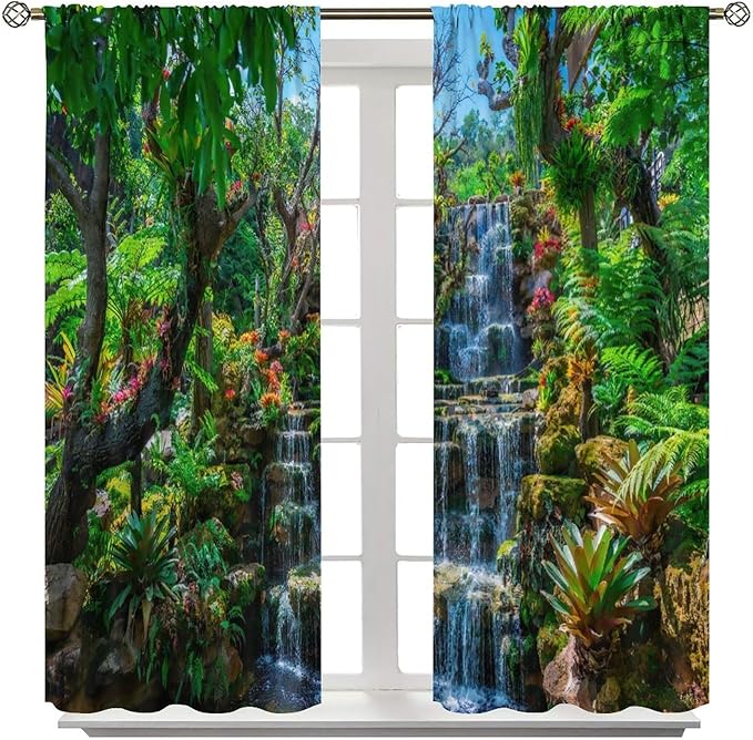 Waterfall Blackout Window Curtains, Spring Forest Nature Landscape Theme Pattern Print Window Drapes, for Living Room Bedroom 55x63in 2 Panels