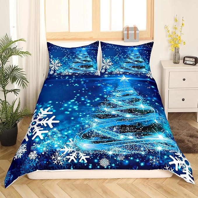 Manfei Blue Xmas Tree Duvet Cover Set Queen Size, White Snowflake Print Comforter Cover with 2 Pillowcases, Christmas Theme Bedding Set 3pcs for Kids Boys Girls Bedroom Decor,No Comforter