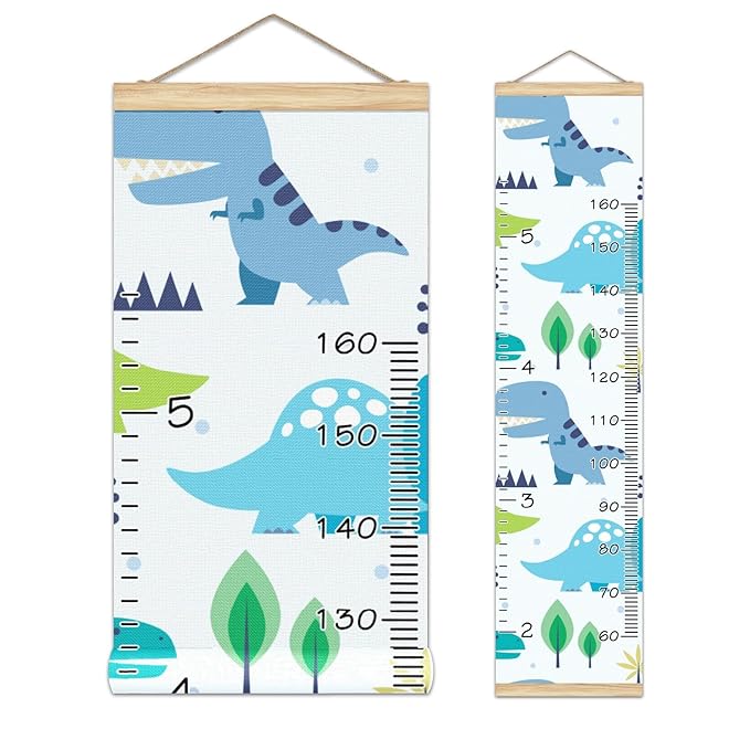Personalized Kids Name Growth Chart Ruler for Wall Wood Frame Height Measure Chart 13.4x56 in Linen Hanging Height Growth Chart Cute Dinosaur Kids Room Decor