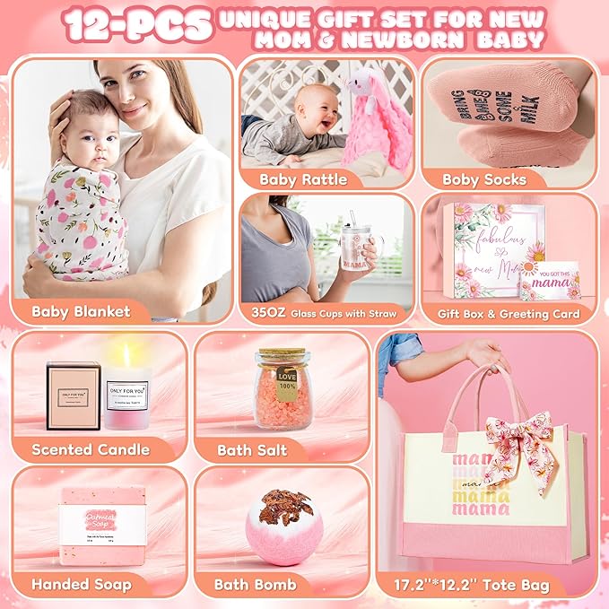 New Mom Gifts & Baby Girl Gift Set for Newborn,12PCS Baby Shower Gifts, Newborn Baby Girl Gifts,Pregnancy Gifts For Expecting Mom,New Mom Care Package After Baby, Pregnancy Gifts for Women and Baby