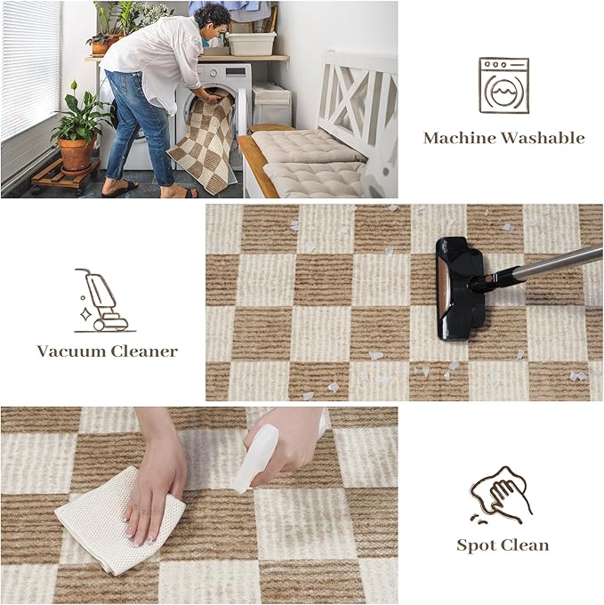 LIVEBOX 3x5 Washable Area Rug Checkered, Non-Slip Small Entryway Rug Brown Farmhouse Neutral Classic Geometric Boys Rug for Bedroom Room Low-Pile Carpet for Indoor Kitchen Bathroom(Brown 3'x5')