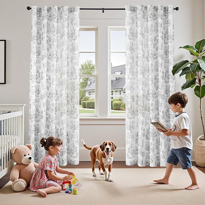 jinchan Linen Nursery Curtains 90 inch Long Woodland Wildlife Grey Print Drapes for Kid's Room Light Filtering French Country Farmhouse Gray Curtains with Bunny and Forest Design Set of 2 Panels