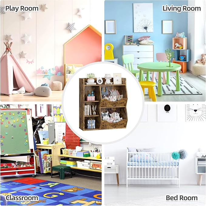 Kids Bookshelf, 32" 3-Tier Toy Storage Cabinet, Wooden Cube Storage Organizer with 5 Cubes and Spacious Top Shelf for Children's Room, Playroom, Hallway, Kindergarten, Bedroom, Playroom