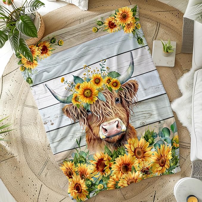 Blanket for Girls Women - 60x50 Inches Aesthetic Highland Cow Throw Blanket for Kids Teens Adults - Yellow Soft Fuzzy Sunflower Blankets Decor for Bed Couch Sofa