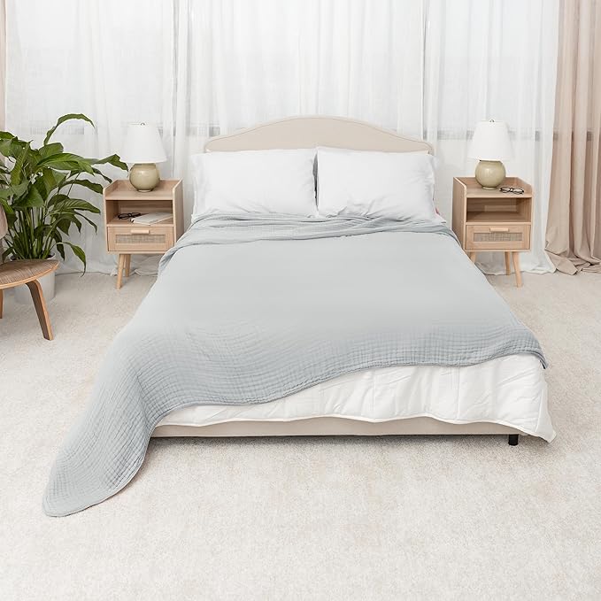 Comfy Cubs Muslin Blanket for Adults Queen 90" x 90" - 6 Layer Soft, Breathable & Lightweight Muslin Adult Blanket - Machine Washable & Designed in The US Bedding for All Seasons - Heather Blue