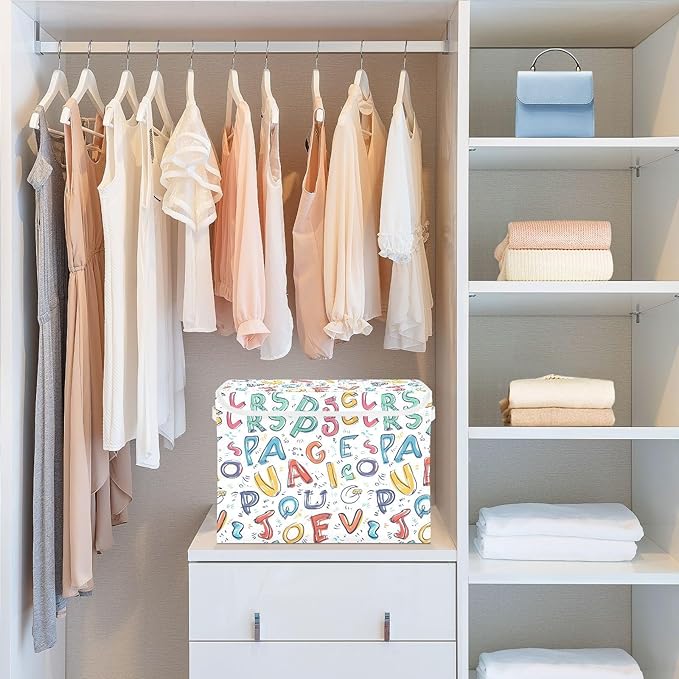 senya Large Storage Bins with Linen Collapsible Foldable Storage Cubes Fabric Closet Organizer Containers box with Flip-Top Lid for Home Bedroom Office 16.7 x 12.6 x 11.8in (Style Latin Alphapet)
