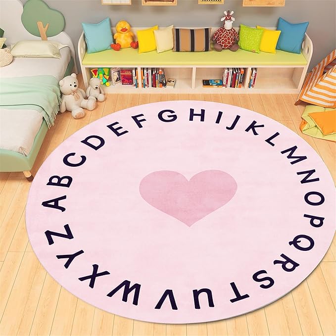Super Soft Pink Round Rug,7ft,Children's ABC Letter Educational Learning Rug, Non-Slip Washable Nursery Rug, Children's Crawling Play Mat, Suitable for Boys And Girls Bedroom Playroom Decoration