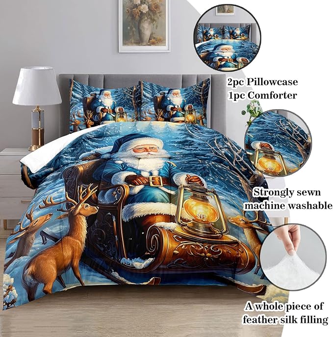 Raphus cucullatus Christmas Bedding King,Christmas Comforter Set,Santa Claus Decor Holiday Bedding Winter Quilt,Santa Claus Comforter Set,Snowflake Navidad Quilt Set,Cute Reindeer Quilt