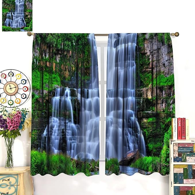 Nature Scenery Waterfall Blackout Curtains, Forest Waterfall Landscape Green Jungle Stone Falls Print Pattern Rod Pocket Window Drapes, for Bedroom Living Room 72" W X 63" L