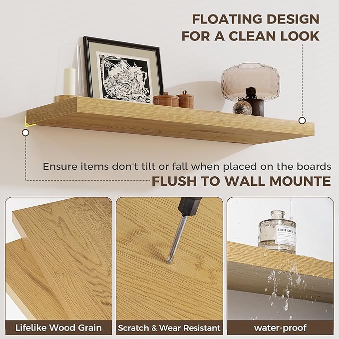 Fun Memories 24 x 12 Inch Deep Floating Shelves, 12 Inch Deep Rustic Wooden Book Shelf, Extra Deeper & Thicker Hanging Shelves for Living Room, Bathroom, Bedroom, Kitchen, Office, Set of 3 (Oak)