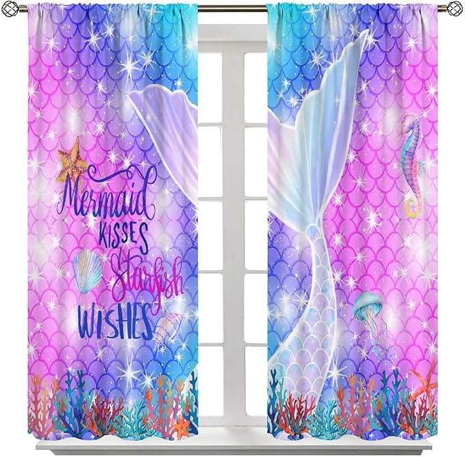 Kids Fantasy Mermaid Curtains Dream Colorful Mermaid Fish Tail Scale Fantasy Ocean Theme Window Treatment for Girls Bedroom Nursery Room Decor Window Drapes 72" W X 63" L