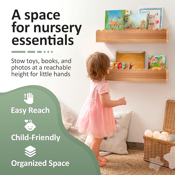 Set of 2 Pre-Assembled Floating Nursery Book Shelves, Scalloped Book Shelf - Kids Wall Bookshelf, Nursery Decor, Floating Shelves for Wall (24 inches)