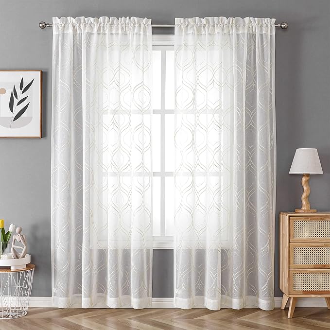 VISIONTEX White Sheer Curtains 84 Inches Long 2 Panels Set Beige Moroccan Embroidered Curtains Trellis French Textured Rod Pocket Voile Tulle Semi Window Drapes for Bedroom Living Room 54 x 84 Inches