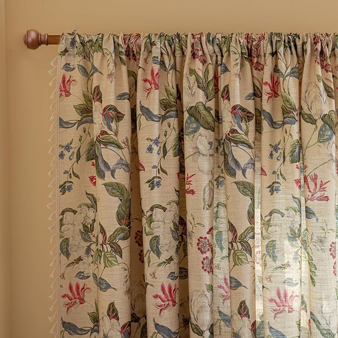 ENJOYBRIDAL Floral Curtains 63 Inch Long Living Room Boho Drapes Short Bedroom 2 Panels Semi Sheer Window Curtain Panels Vintage Rod Pocket Tassel Farmhouse Nursery Window Treatments