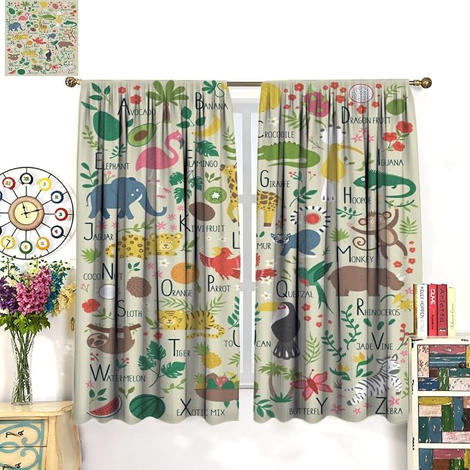 Kid Alphabet Curtains Funny Cartoon Animal Cute Educational Learning Colorful Curtain with Rod Pocket for Bedroom Living Room Decor Drapes Window Treatments 2 Panels Set 42" W X 63" L