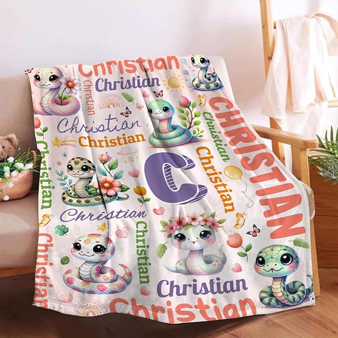Personalized Custom Snake Blanket Gifts for Kids Boys Girls with Name - Customized Snake Super Soft Lightweight Flannel Sheets Decor for Crib Nap Couch - 90"x120" for Whole Family