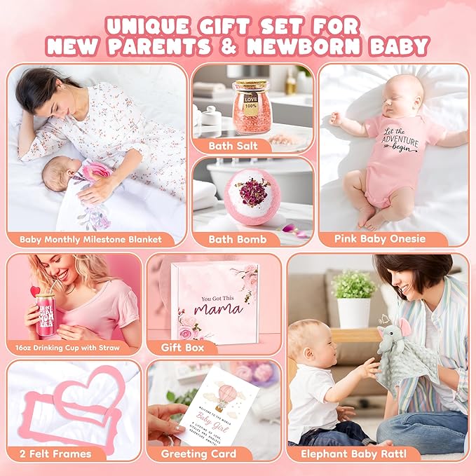 New Mom Gifts & Baby Girl Gift Set for Newborn,Baby Girl Gift Basket with Baby Milestone Blanket,Pregnancy Gifts for Expecting Mom,New Mom Care Package After Baby, Pregnancy Gifts for Women and Baby