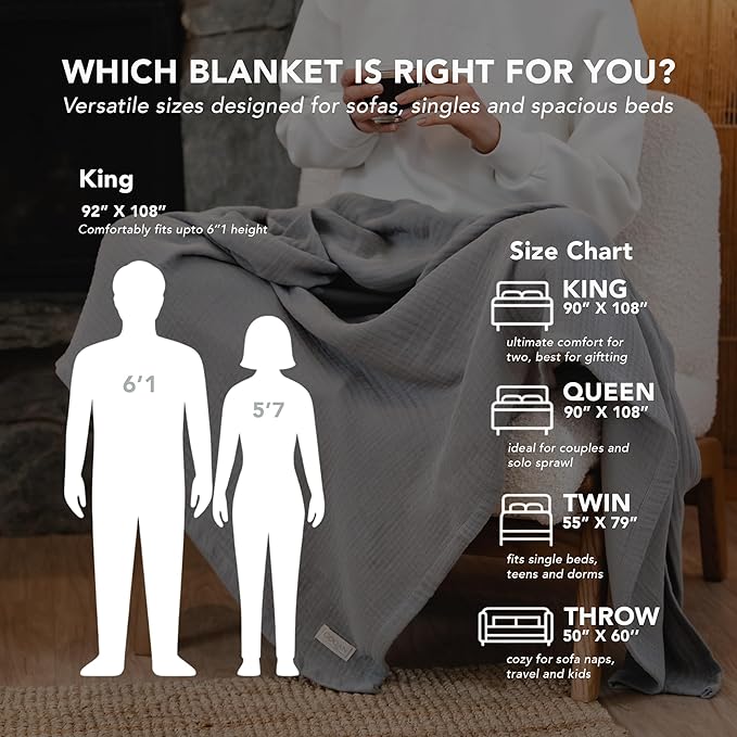 Goqan Muslin Blanket Queen 79x90 – 100% Cotton 4 Layer Boho Muslin Blanket for Adults, Lightweight, Soft, Breathable for Bed - Light Grey
