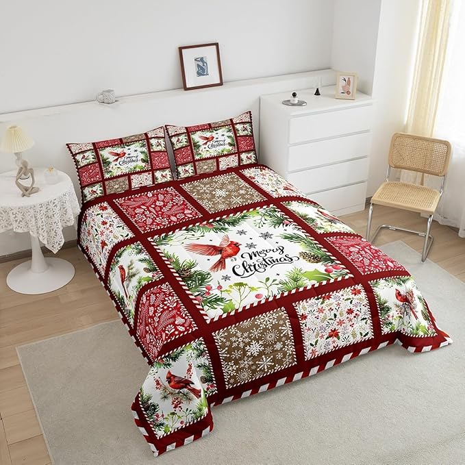 Castle Fairy Merry Christmas Comforter Set Toddler Size,Xmas Rustic Patchwork Watercolor Cardinal Bird Bedding Set for Kids Boys Men,Red Floral Leaves Snowflakes Plaid Quilt Set with 1 Pillowcase